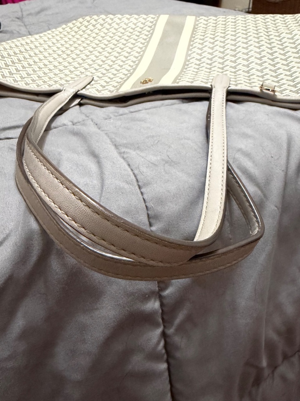 Tory Burch Gray and Cream Center-Stripe Tote - Picture 7 of 9